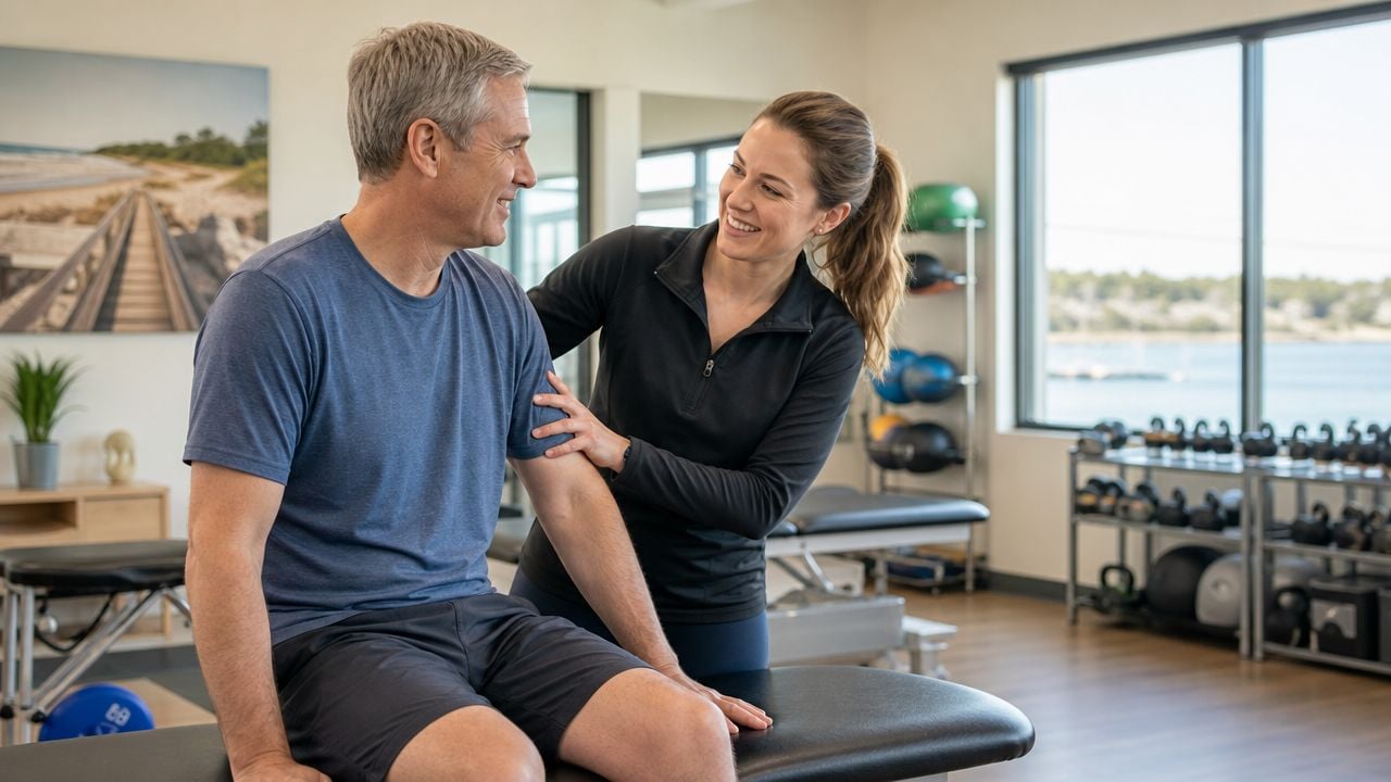 A female physical therapist smiling while guiding a male patient through rehabilitation exercises at a medical clinic.