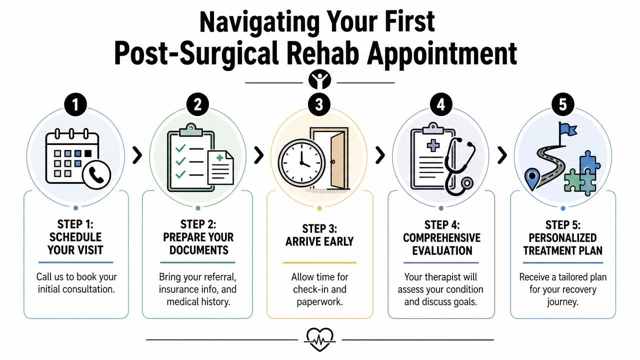 A five-step infographic guide for patients navigating their first post-surgical rehabilitation appointment and recovery process.