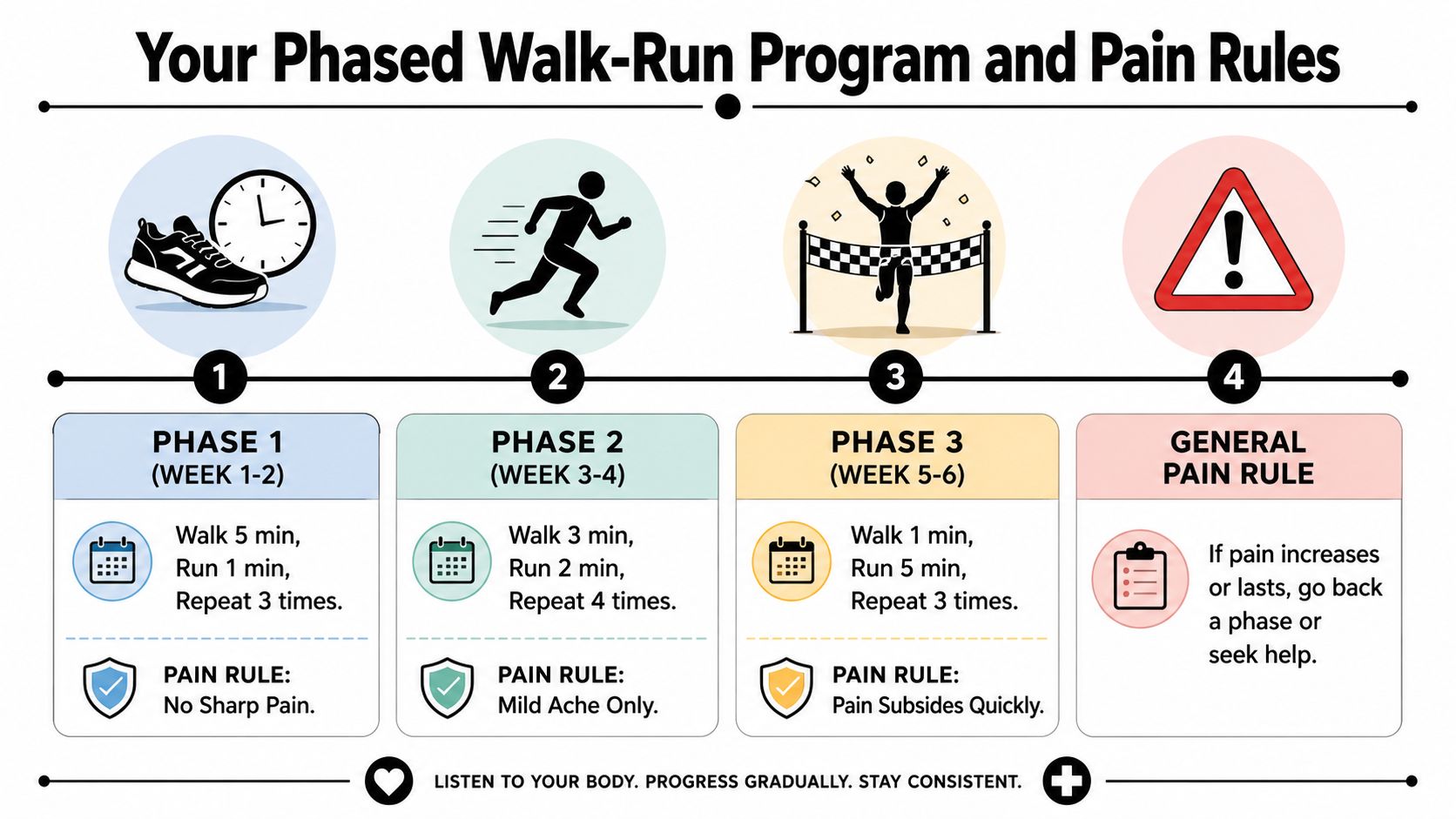 A phased three-week walk-run program infographic illustrating exercise duration, repetition, and specific pain management rules.