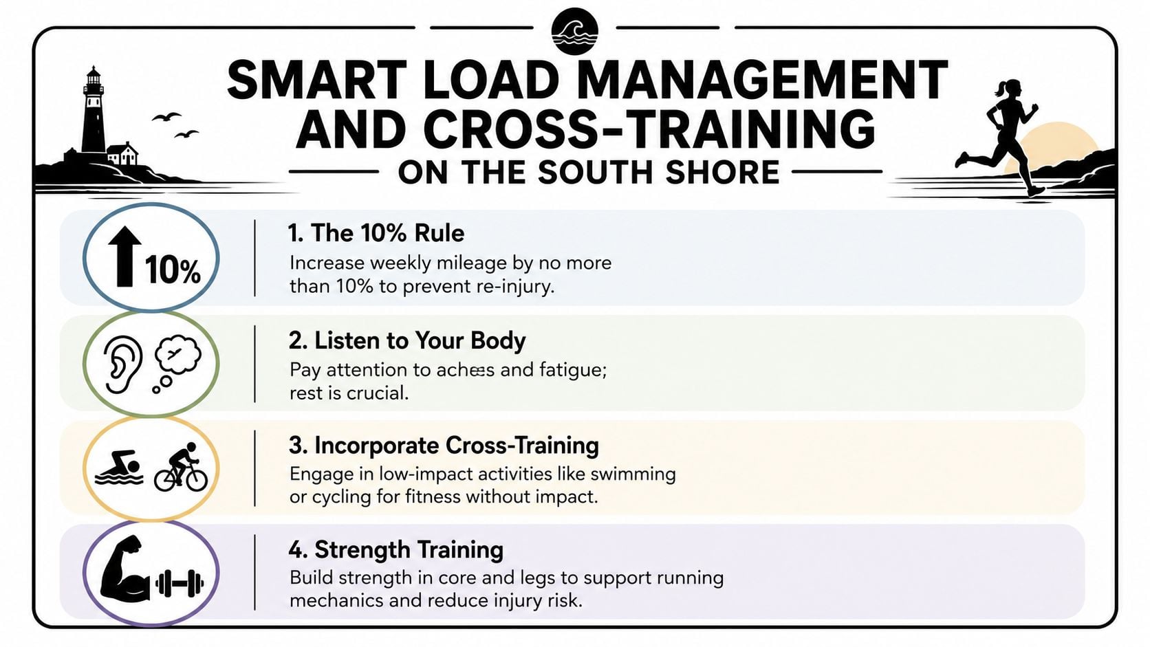 An infographic titled Smart Load Management and Cross-Training outlining four key tips for runners returning after injury.