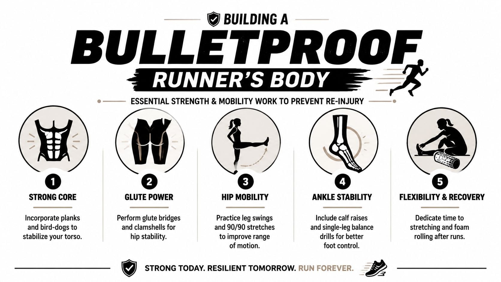 An infographic titled Building a Bulletproof Runner's Body, featuring five essential strength and mobility training tips.