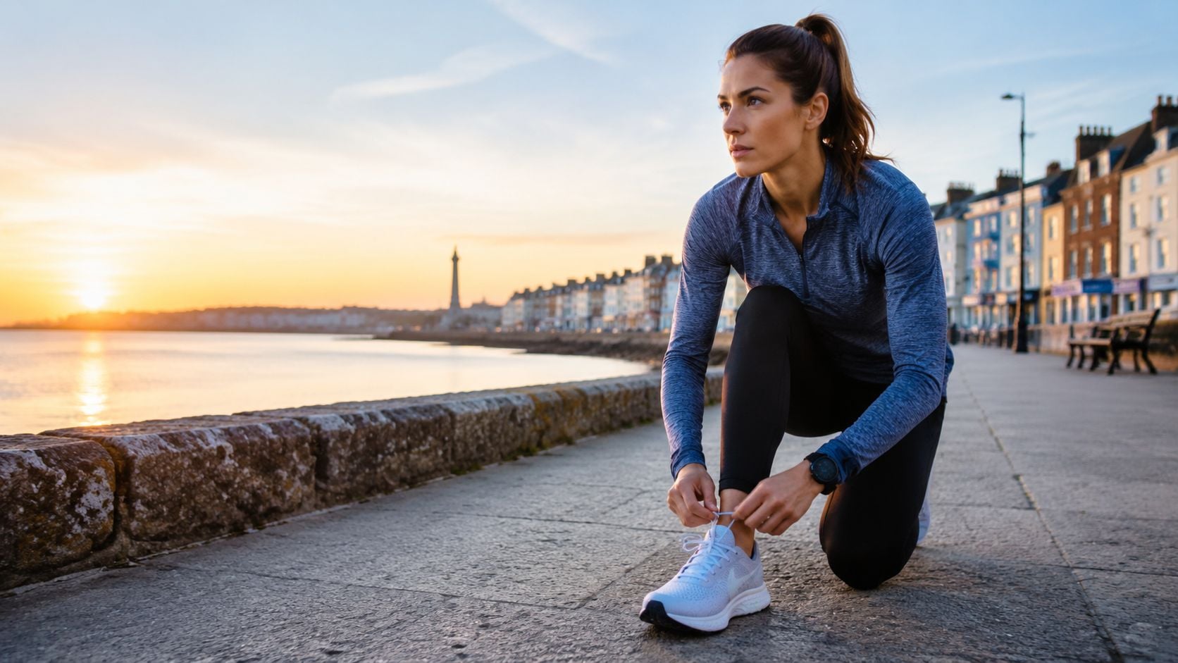 A fit woman in athletic wear kneeling to tie her running shoes along a scenic seaside promenade.