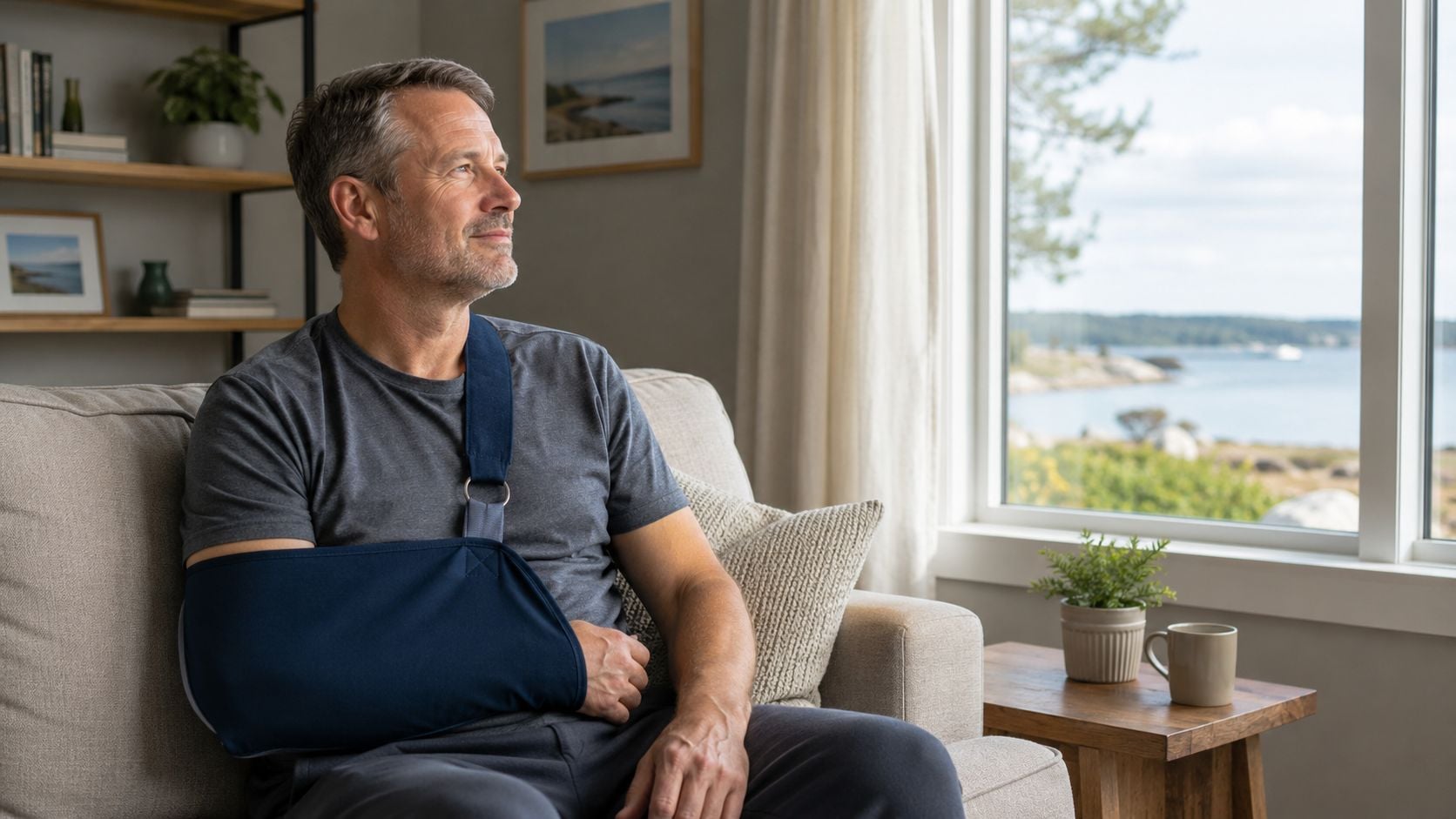 A middle-aged man with his arm in a blue sling sitting on a couch at home.