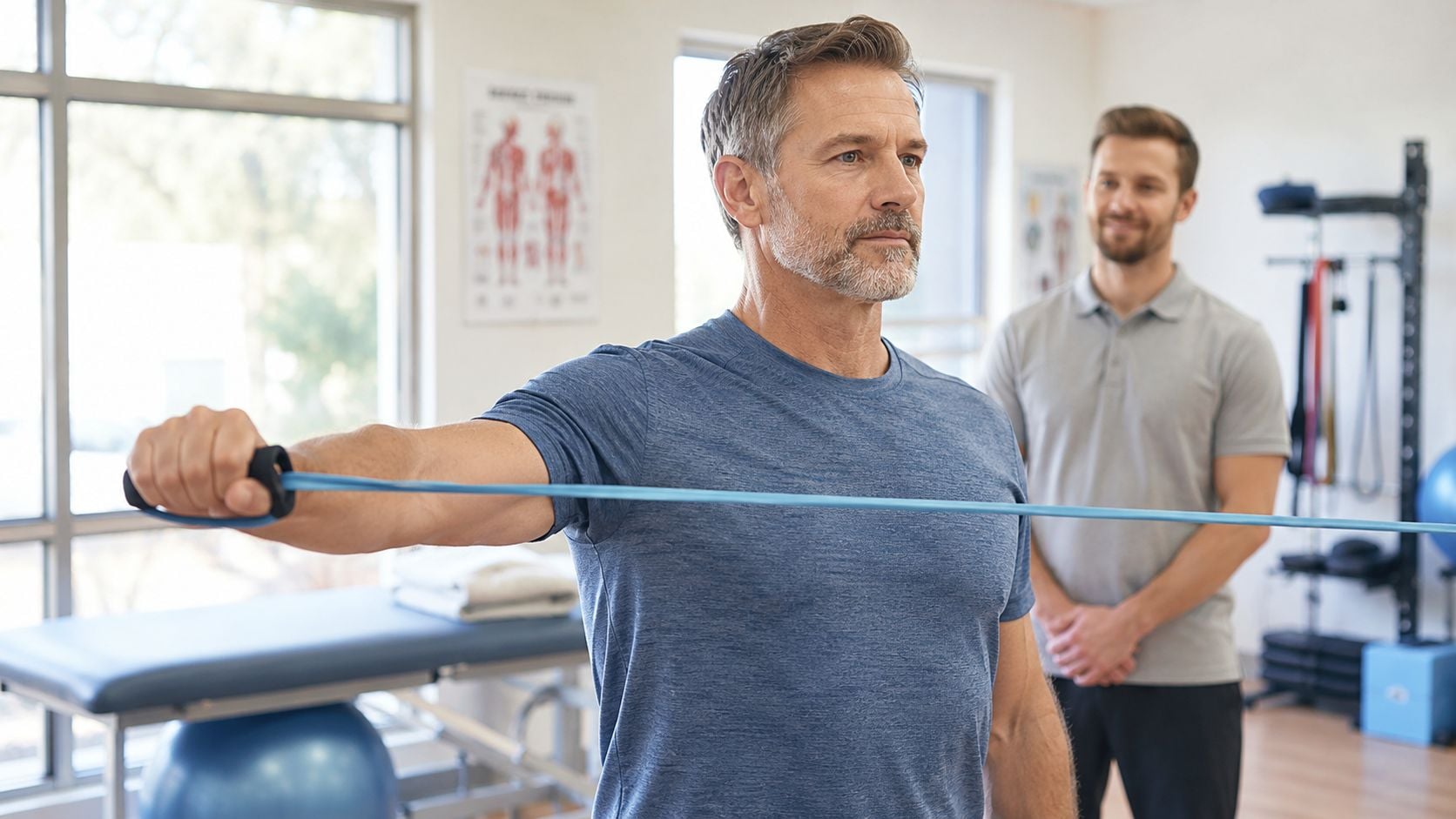 A physical therapist watches a middle-aged man perform shoulder rehabilitation exercises with a blue resistance band.