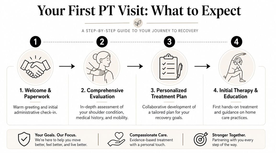 A four-step infographic explaining what to expect during your first physical therapy visit for shoulder recovery.