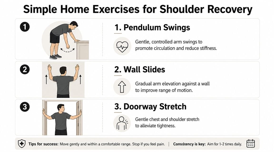 A guide illustrating three simple home exercises for shoulder recovery including pendulum swings, wall slides, and doorway stretches.