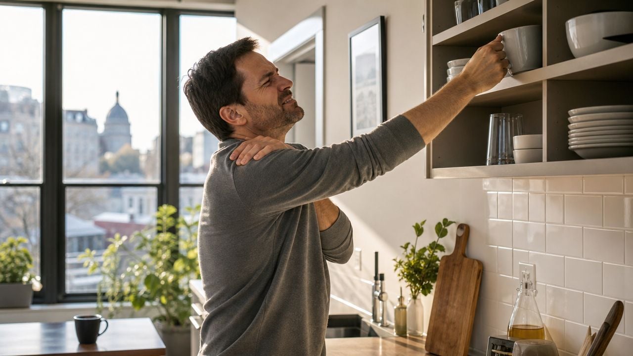 A man in a kitchen reaches for a cup while experiencing severe shoulder pain and discomfort.