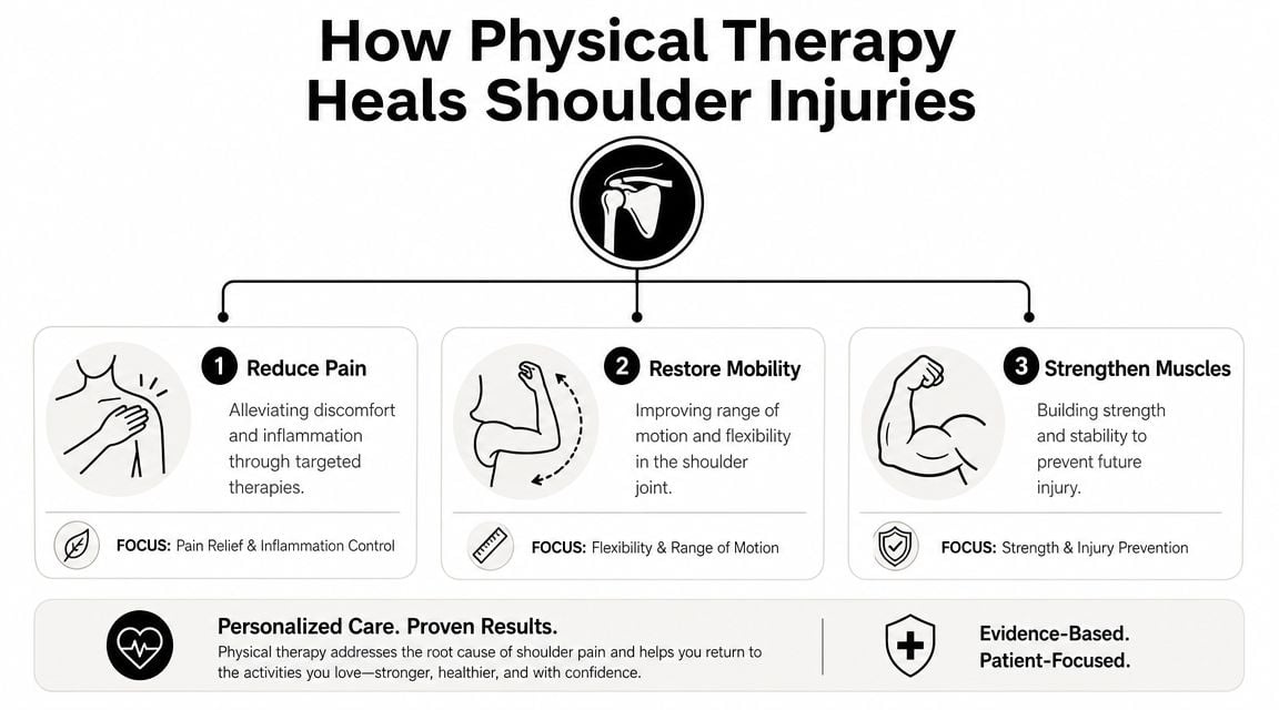 A diagram illustrating how physical therapy helps heal shoulder injuries through pain reduction, mobility restoration, and muscle strengthening.