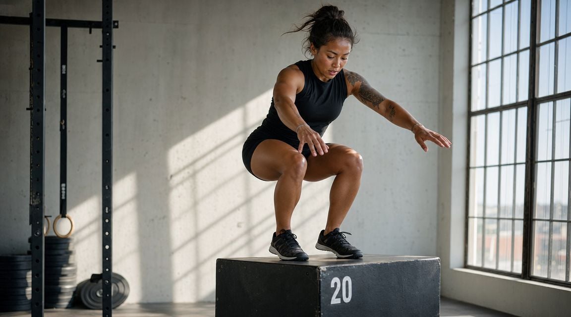 An athletic woman performing a box jump exercise on a black wooden box in a gym.