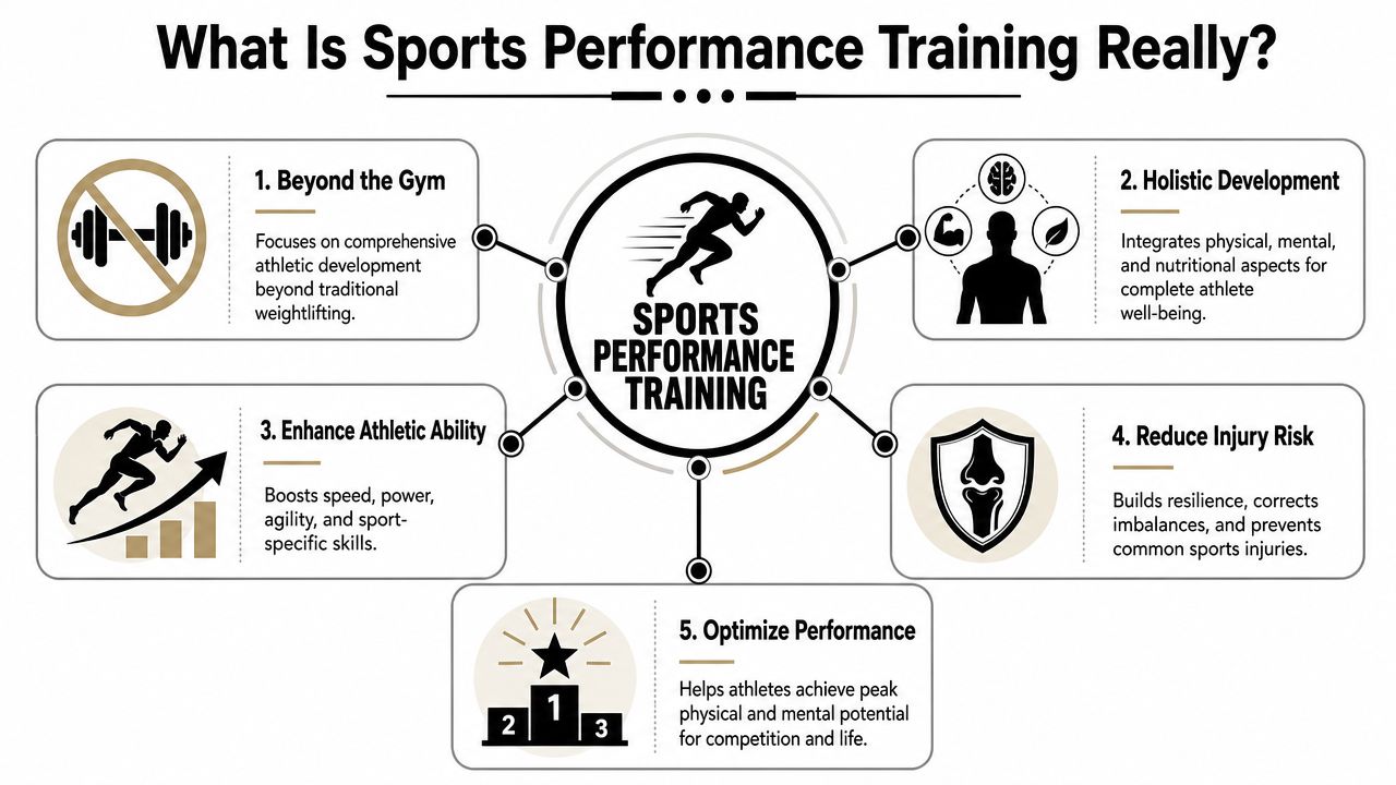 An infographic titled What Is Sports Performance Training showing five key benefits of athletic performance coaching programs.