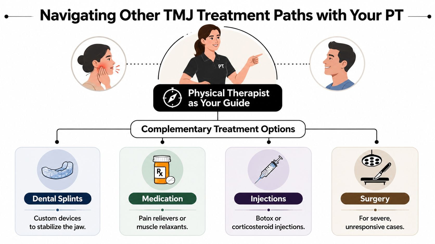 An infographic showing a physical therapist acting as a guide for TMJ disorder treatment paths and options.