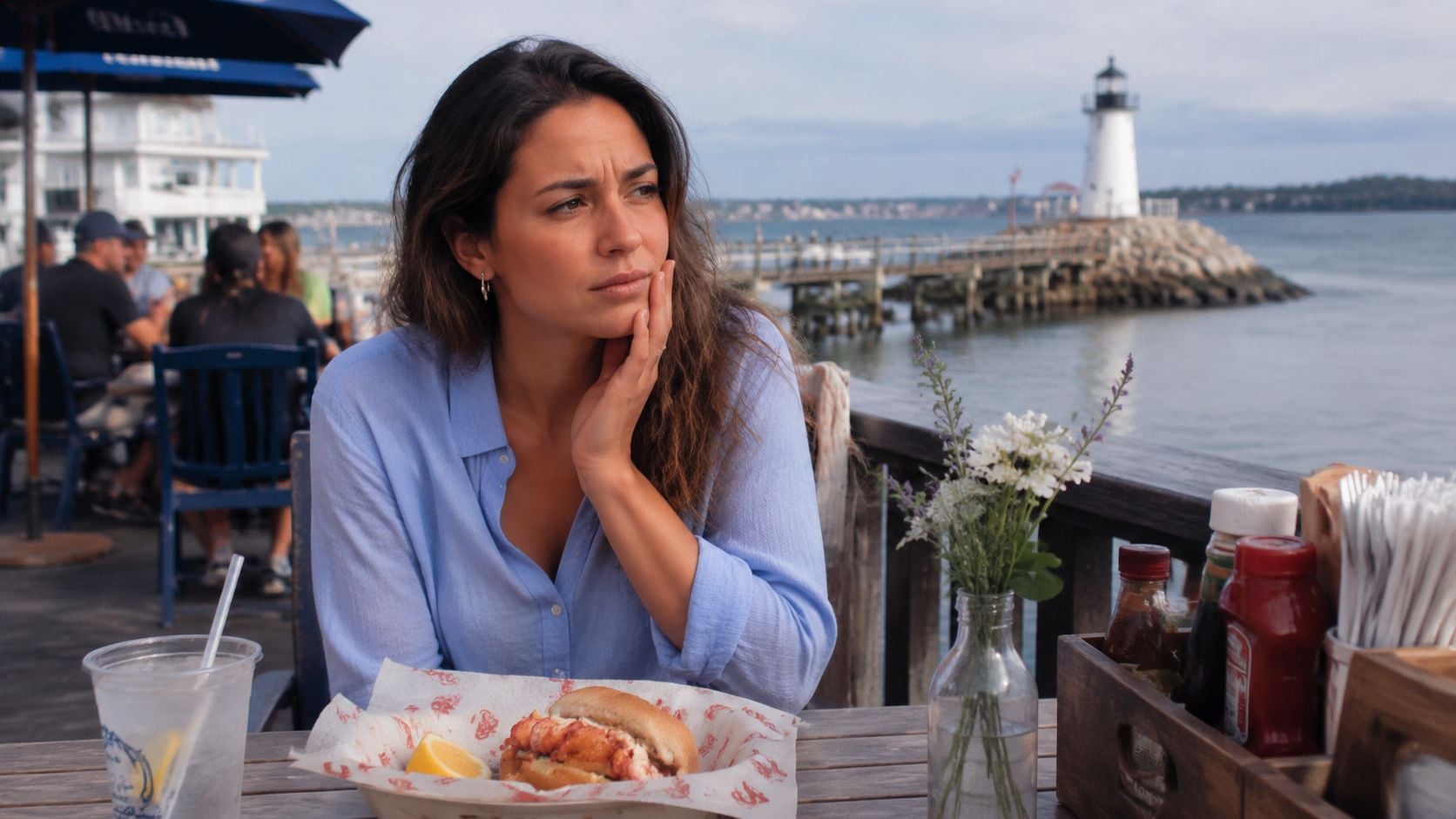 A pensive woman resting her chin on her hand while sitting at an outdoor restaurant by the ocean.