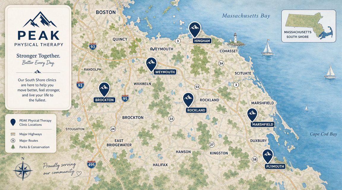 A map showing PEAK Physical Therapy clinic locations across the South Shore of Massachusetts near Boston.