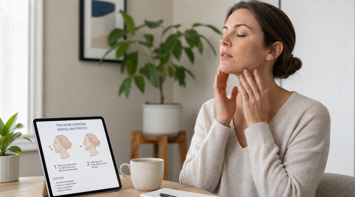A woman performing gentle jaw stretching exercises while following instructions on a tablet for TMJ relief.