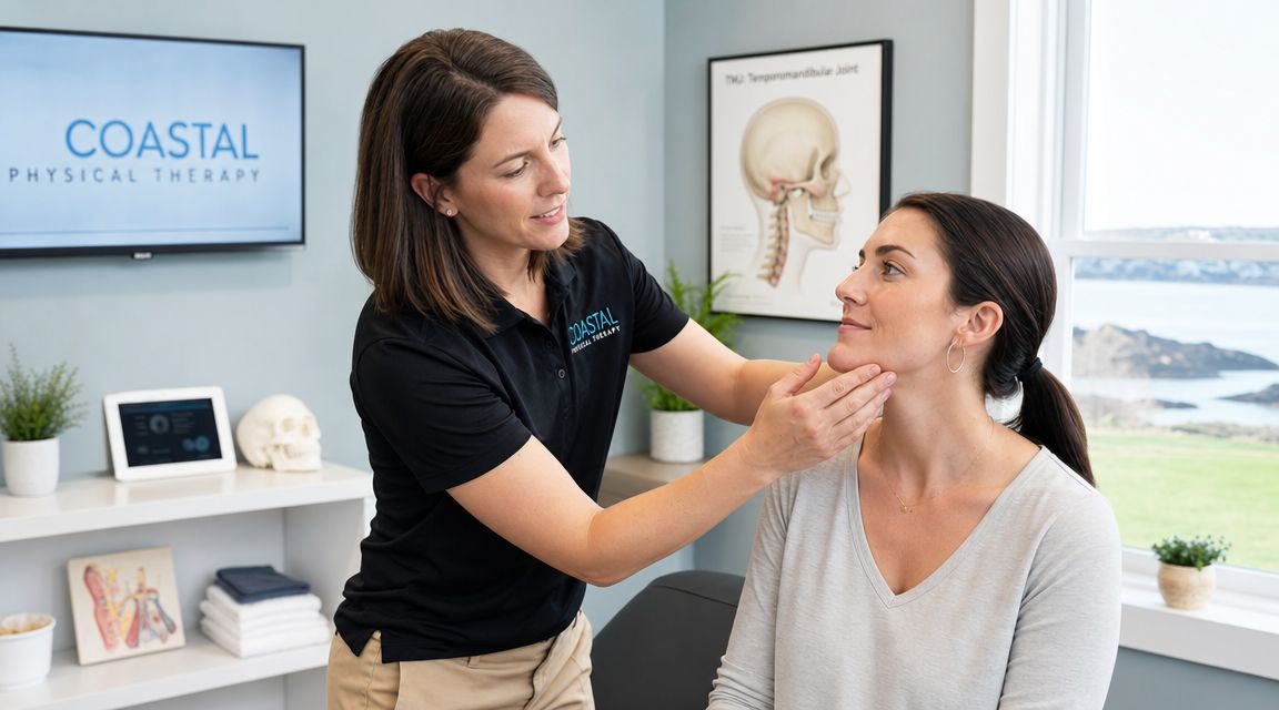 A physical therapist performs a gentle manual examination of a patient's jaw in a professional clinic setting.