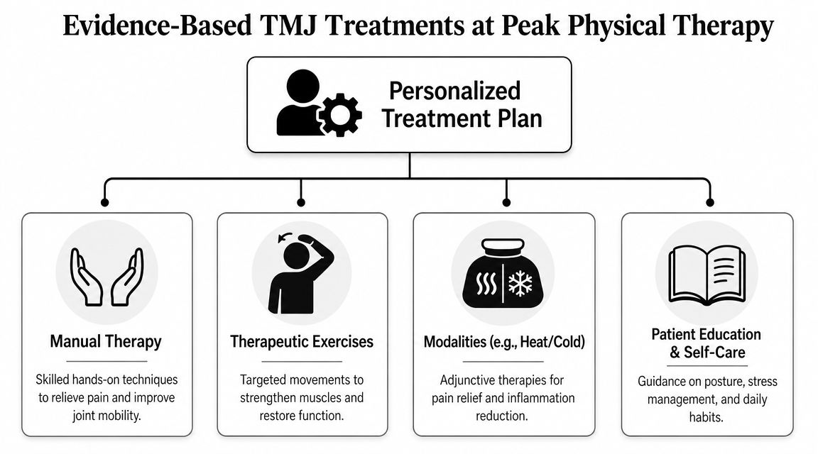 A flowchart infographic outlining personalized evidence-based physical therapy treatment options for TMJ disorder and pain relief.