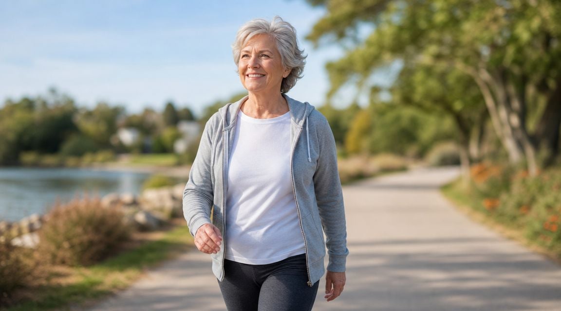 An active senior woman with grey hair walking confidently along a sunny outdoor path by a lake.