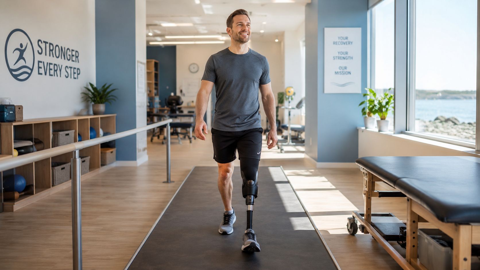 A man with a prosthetic leg walking during a physical therapy session in a modern clinic.