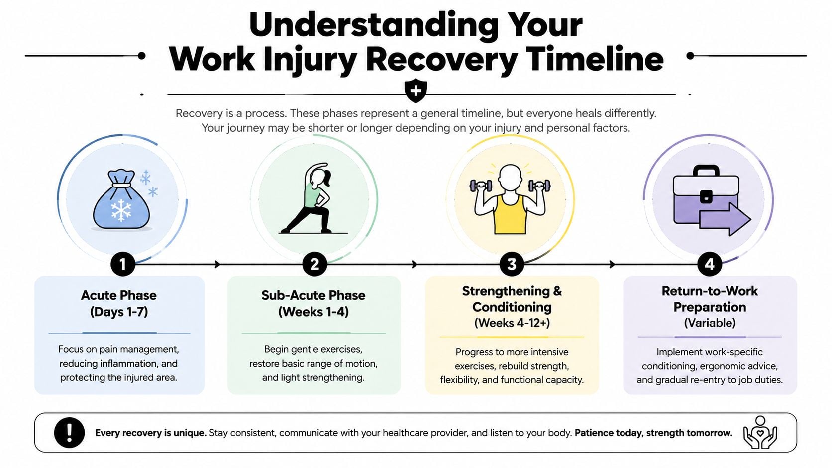A four-stage work injury recovery timeline infographic illustrating phases from acute pain management to returning to work.